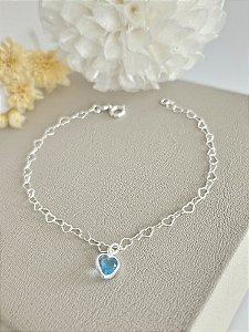 Pulseira elos de coração com pingente azul 19 cm