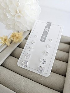 Kit 5 pares de brincos zircônia quadrada cristal