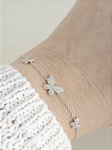 Pulseira Borboleta cravejada prata 925 e ródio
