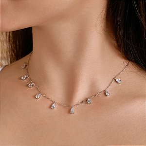 Gargantilha chocker gotas de zircônia 5A cristal prata 925 e ródio