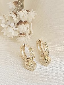 Brinco Argolinha 12mm com Pingente Cadeado Coração Prata 925 banho a ouro Amarelo 18K