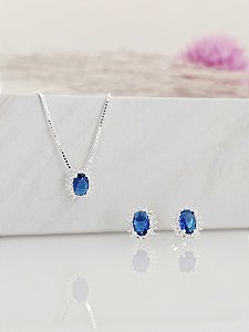 Conjunto ponto de luz oval cravejado prata 925/ cor safira