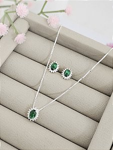 Conjunto ponto de luz oval cravejado prata 925/ cor esmeralda