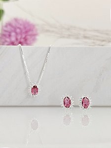 Conjunto ponto de luz oval cravejado prata 925/ cor pink