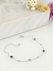 Pulseira corações coloridos prata 925 com banho de ródio