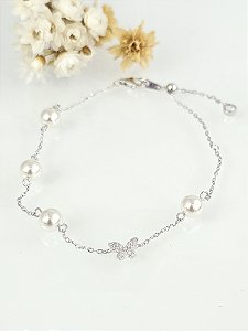 Pulseira borboleta cravejada e pérolas prata 925 e ródio