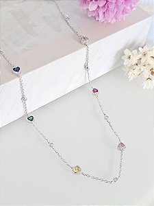 Colar choker corações coloridos prata 925 e ródio