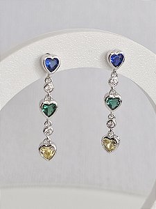 Brinco corações coloridos prata 925 com banho de ródio