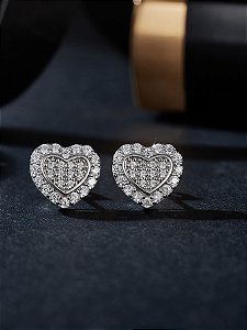 Brinco coração 9mm cravejado Moissanite prata 925 com banho de ródio