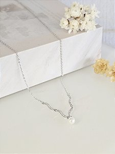 Gargantilha delicada pérola e zircônias prata 925 com banho de ródio