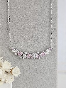 Gargantilha corações zircônia rosa e branco prata 925 com banho de ródio