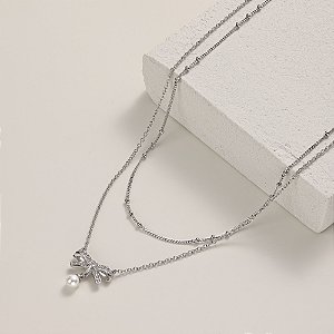 Colar 2 fios laço cravejado e pérola prata 925 com banho de ródio