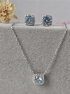 Conjunto quadrado cravejado azul 7mm prata 925 com banho de ródio
