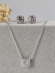 Conjunto quadrado cravejado rosa 7mm prata 925 com banho de ródio