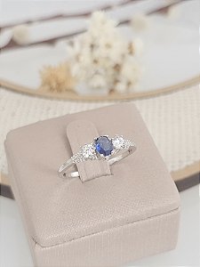 Anel solitário zircônia azul prata 925 com banho de ródio