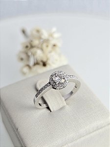 Anel solitário Halo Moissanite 5mm prata 925 com banho de ródio