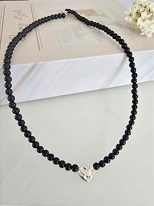 Choker de pedra ágata negra polida 4mm prata 925