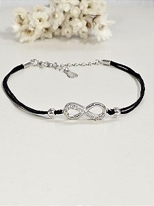 Pulseira de corda preta infinito cravejado prata 925 com ródio