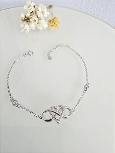 Pulseira infinito com coração cravejado prata 925 com ródio