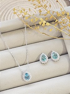 Conjunto colar e brincos gota cravejada turmalina prata 925 com banho de ródio