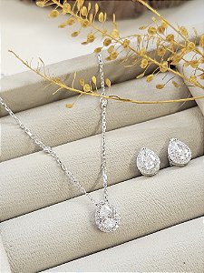 Conjunto colar e brincos gota cravejada cristal prata 925 com banho de ródio