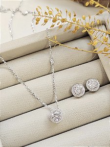 Conjunto colar e brincos redondo cravejado cristal prata 925 com banho de ródio