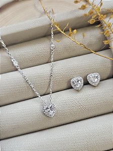 Conjunto colar e brincos coração cravejado cristal prata 925 com banho de ródio