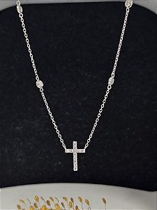 Gargantilha pontos de luz e crucifixo prata 925 com banho de ródio
