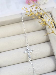 Pulseira crucifixo cravejado Moissanite 3mm/ 0.10ct prata 925 com ródio