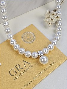 Colar pérolas shell/ Moissanite 6,5mm/ 1.0ct prata 925 com ródio
