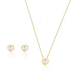 Conjunto Happy Lyfe Ponto de Luz Coração Cristal Zircônia Banhado a Ouro