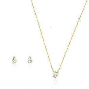 Conjunto Happy Lyfe Gota Zircônia Cristal Banhado a Ouro