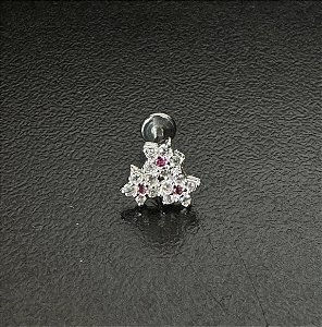 P0667 LABRET RODIO  TRES FLORES CRAVEJADAS COM VERMELHO 8MM 1.2