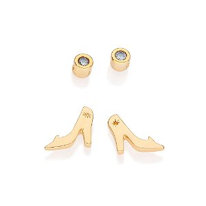 Kit brinco solitário e sapato cinderela banhado a ouro 18k com zircônias - tam.único 5272970003