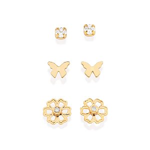 Kit brinco borboleta, flor e solitário banhado a ouro 18k com zircônias - tam.único 5272290006