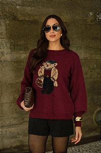 Blusa Feminina Urso Manga Longa Vinho