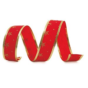 Fita Veludo Estrelas Vermelho e Ouro 6,3 cm x 9,14 mts