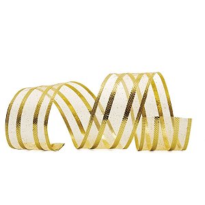 Fita de Natal Voal com Listras Ouro 6,3cm - 1 Rolo