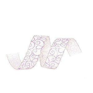 Fita de Natal Arabesco Branco e Lilás 3,8cm (Fita para Presente) - 3 Un