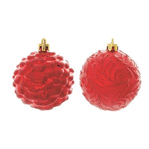 Bola de Natal com Ramos e Relevo Vermelho 10cm (Bolas) - 4 Peças