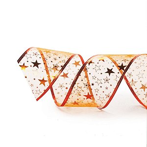 Fita de Natal Voal Estrelas Cobre 6,3cm (Fita para Presente) - 3 Unidades