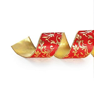 Fita de Natal Folhas Vermelho e Ouro 6,3cm (Fita para Presente) - 1 Un