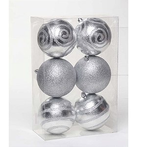 Bola de Natal com Arabesco Prata 8cm - 6 Un