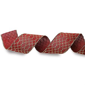 Fita de Natal Ondas Vermelho e Ouro 3,8cm (Fita para Presente) - 3 Un