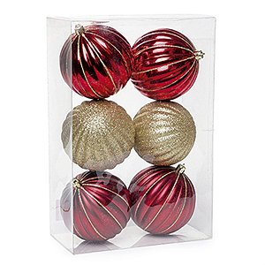 Bola de Natal com Gomos Vermelho e Ouro 8cm (Bolas) - 6 Peças