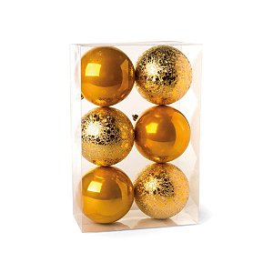 Bola de Natal Perolada e Craquelada Ouro 8cm (Bolas) - 6 Peças