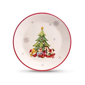 Prato de Natal Fundo com Pinheiro Vermelho e Verde (Cerâmica Wishes)