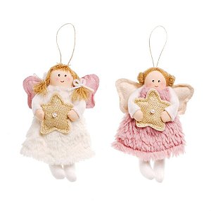 Anjo Tecido Segurando Estrela 2 Verde Rosa Claro e Branco