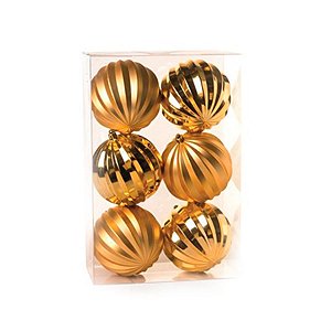 Bola de Natal com Gomos Fosca e Brilho Ouro 10cm (Bolas) - 6 Peças