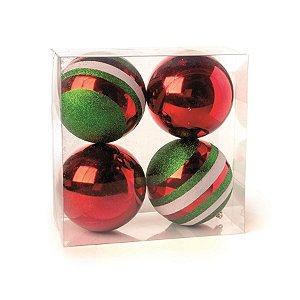 Bola de Natal com Listras Vermelho e Verde 12cm (Bolas) - 4 Peças